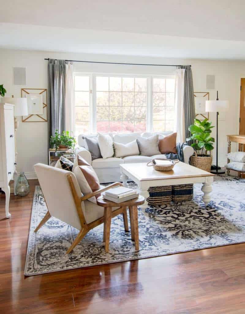 Repotting a fiddle leaf fig in a living room.