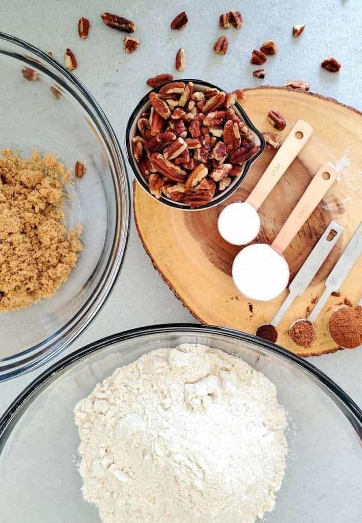 Baking ingredients for pumpkin pecan pancakes.