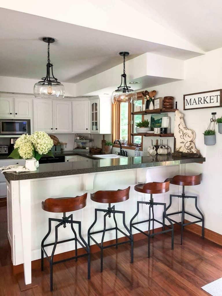 Kitchen after painting oak cabinets.