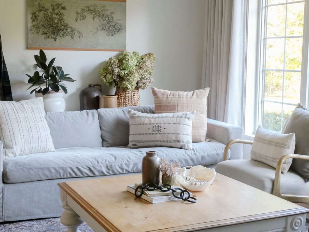 Living room coffee table decor.