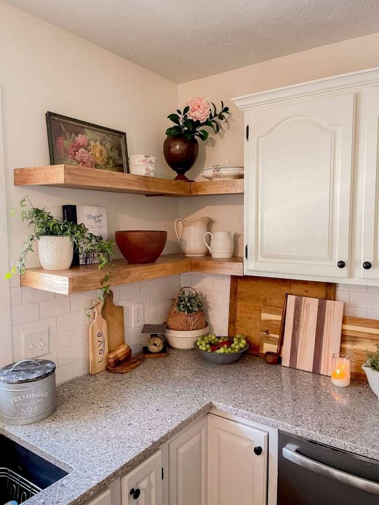 corner kitchen shelves with decor