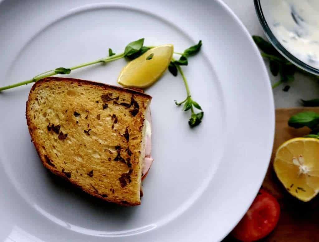 Leftover Turkey Grilled Cheese With Lemon Basil Mayo on a plate