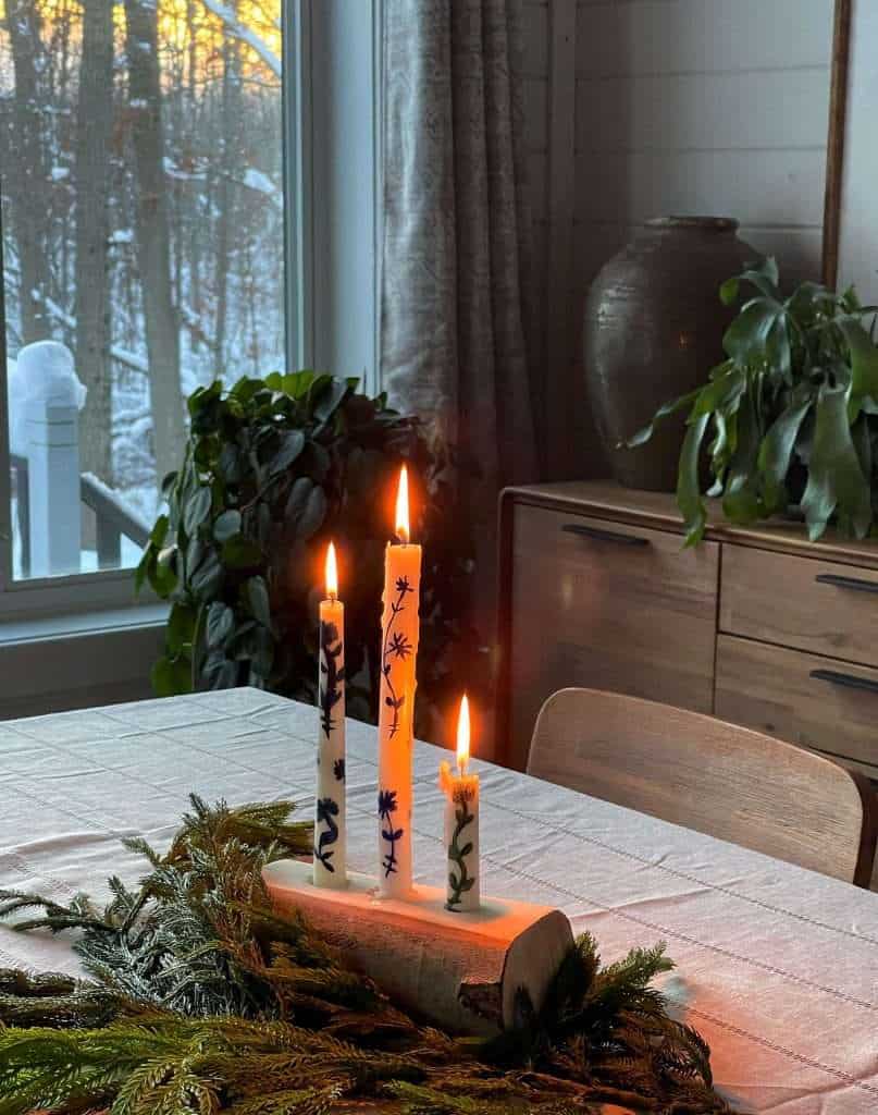 DIY Christmas candle centerpiece with painted candles.