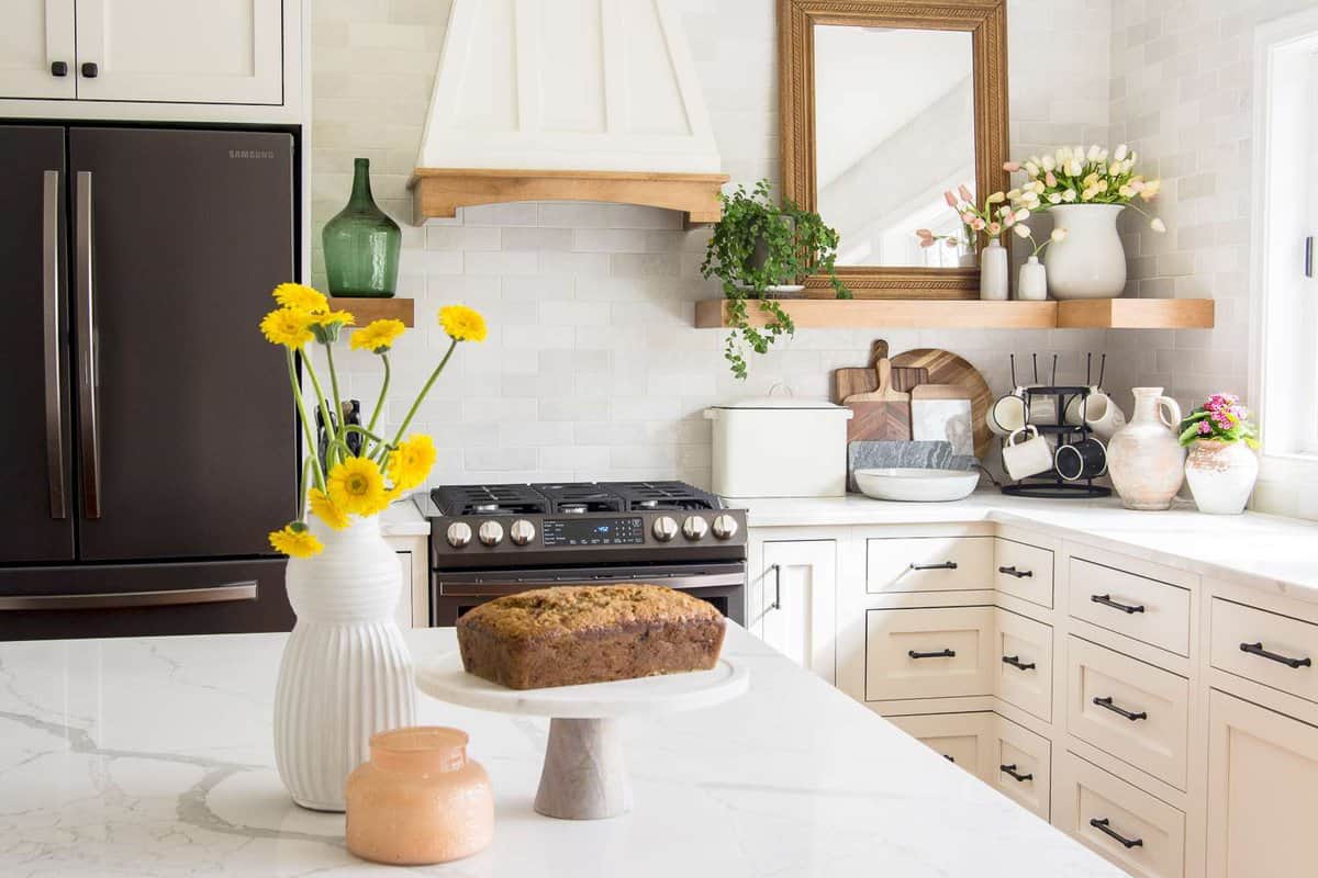 Modern farmhouse kitchen with banana bread.