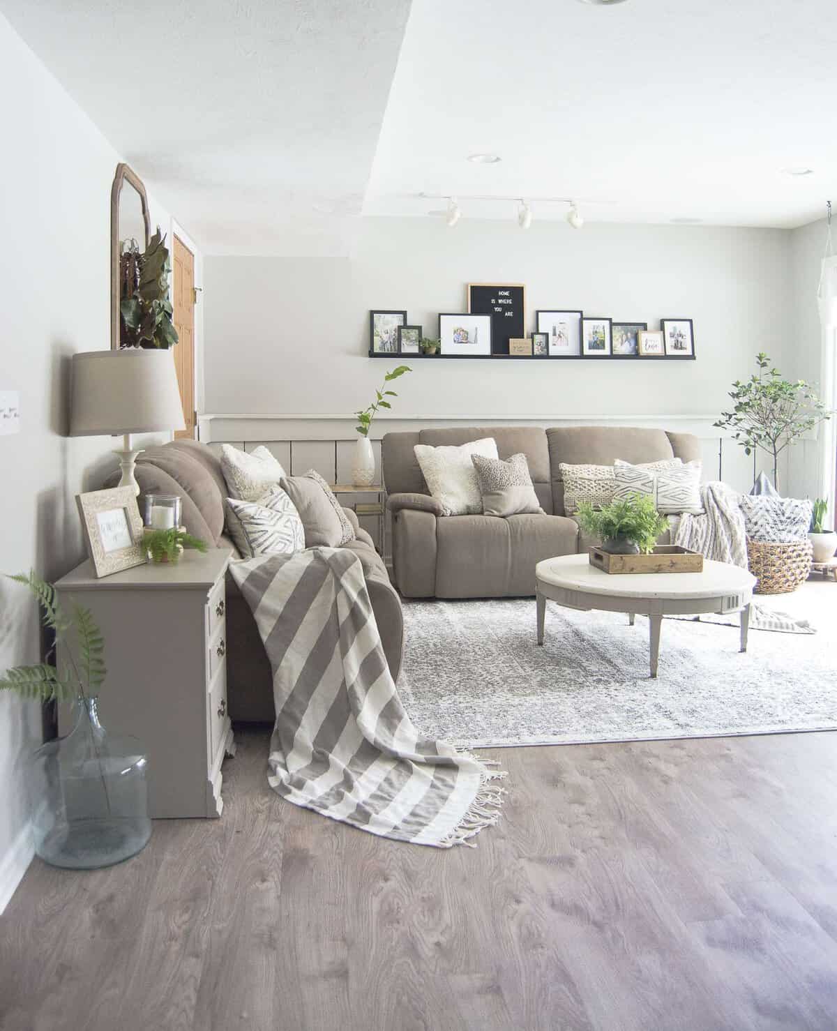 Looking for beautiful basement flooring that will stand up to water, pets and kids? Here is a modern farmhouse basement makeover with flooring made to last. #modernfarmhouse #basementflooring #basementremodel #fromhousetohaven