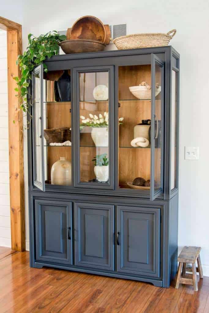 Decorated shelves in a cabinet