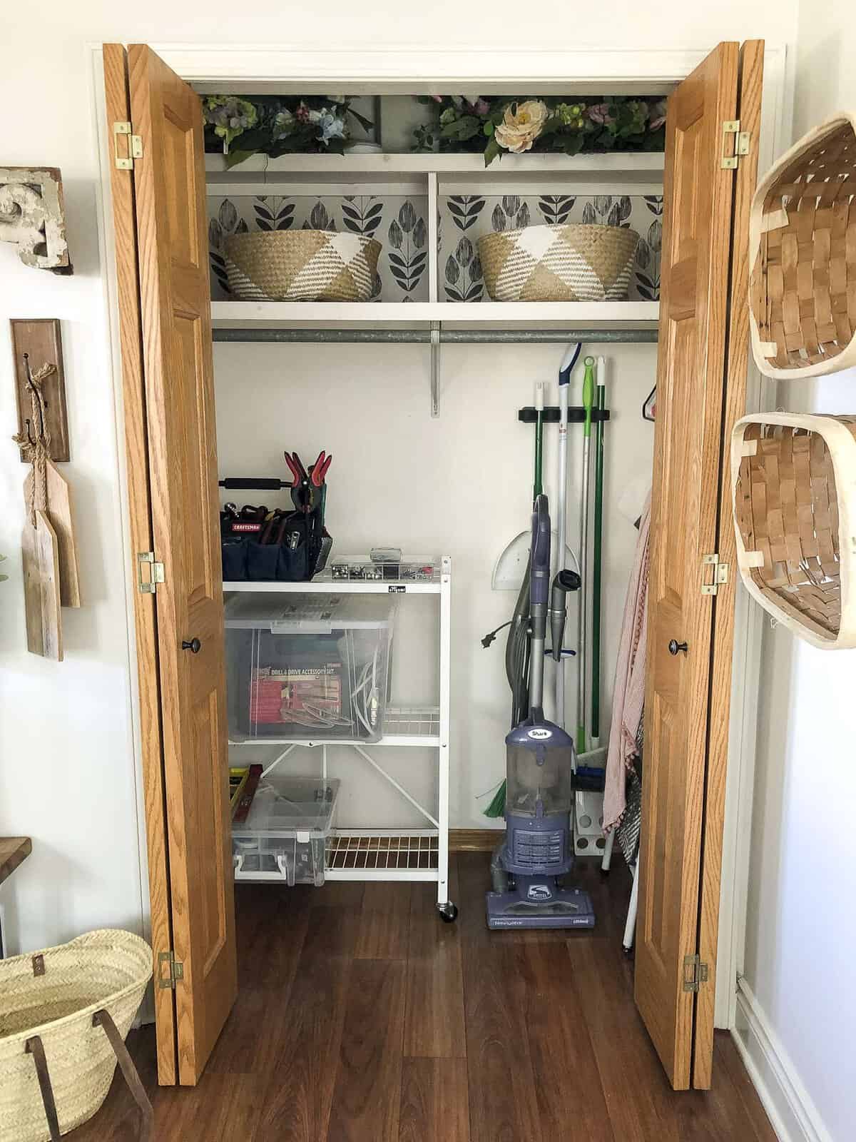 Do you have an awkward and underused entryway closet? Today I'm sharing how I created a dual purpose space with easy utility closet organization tips! #fromhousetohaven #utilitycloset #closetorganization