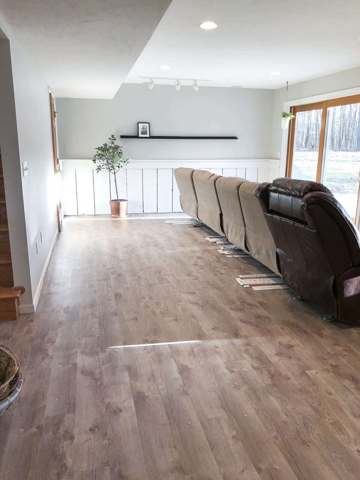 Looking for beautiful basement flooring that will stand up to water, pets and kids? Here is a modern farmhouse basement makeover with flooring made to last. #modernfarmhouse #basementflooring #basementremodel #fromhousetohaven