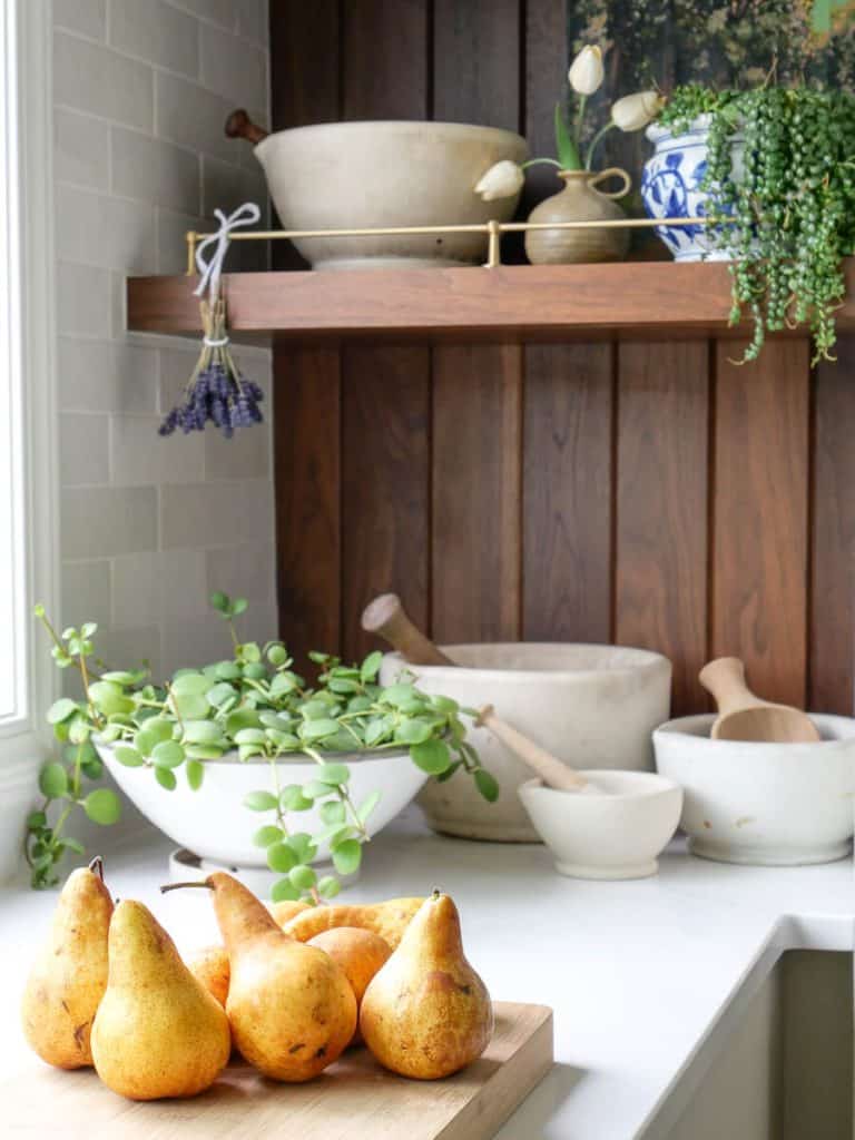 Bosc pears on a countertop.