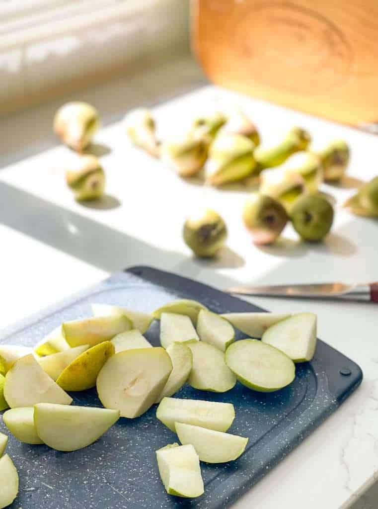 Chopped pears on a counter.