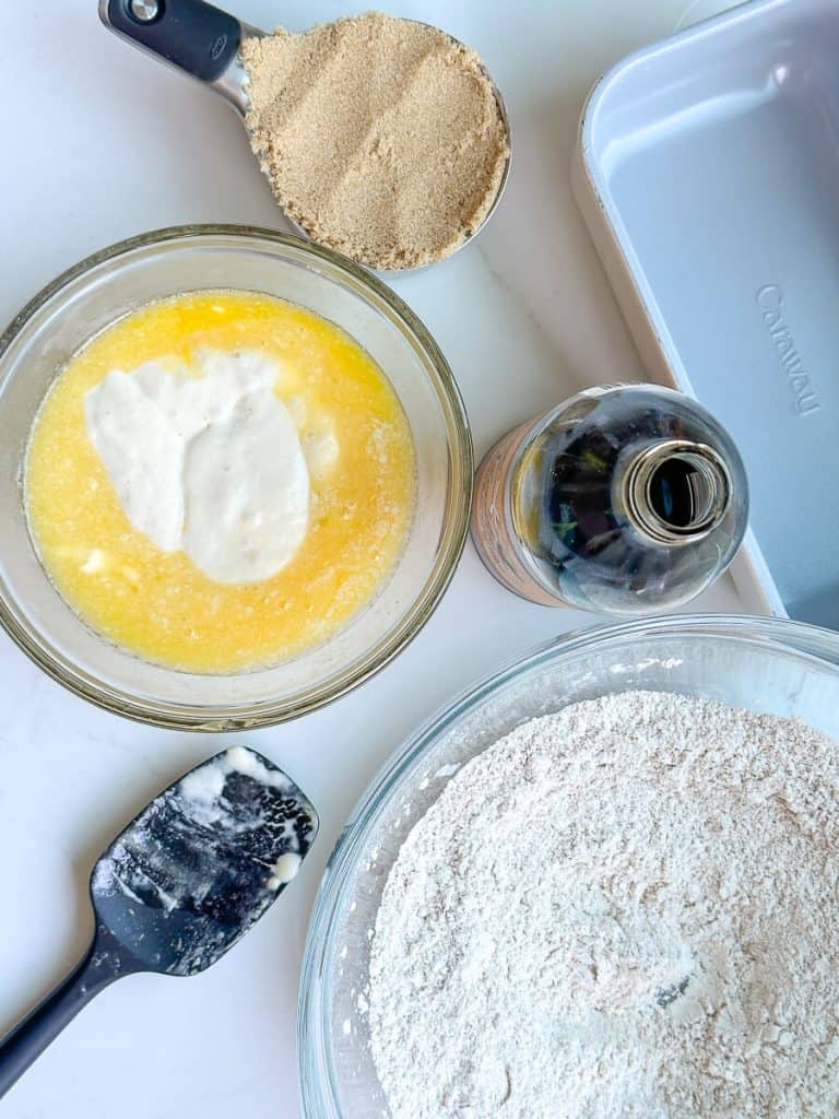 Wet ingredients for sourdough discard cinnamon bread.