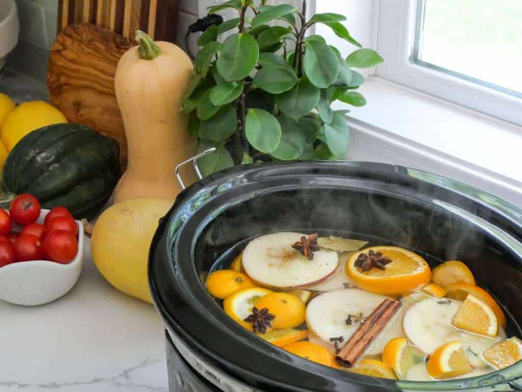 Cinnamon potpourri crock pot on a counter.