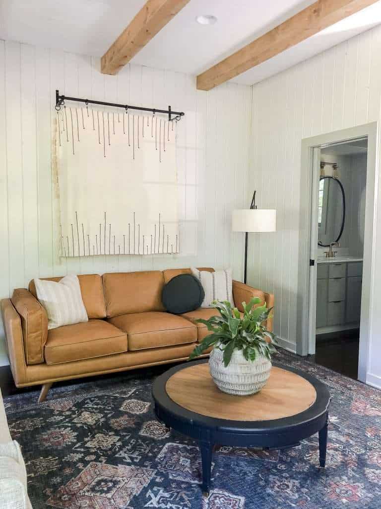 Leather couch and coffee table.