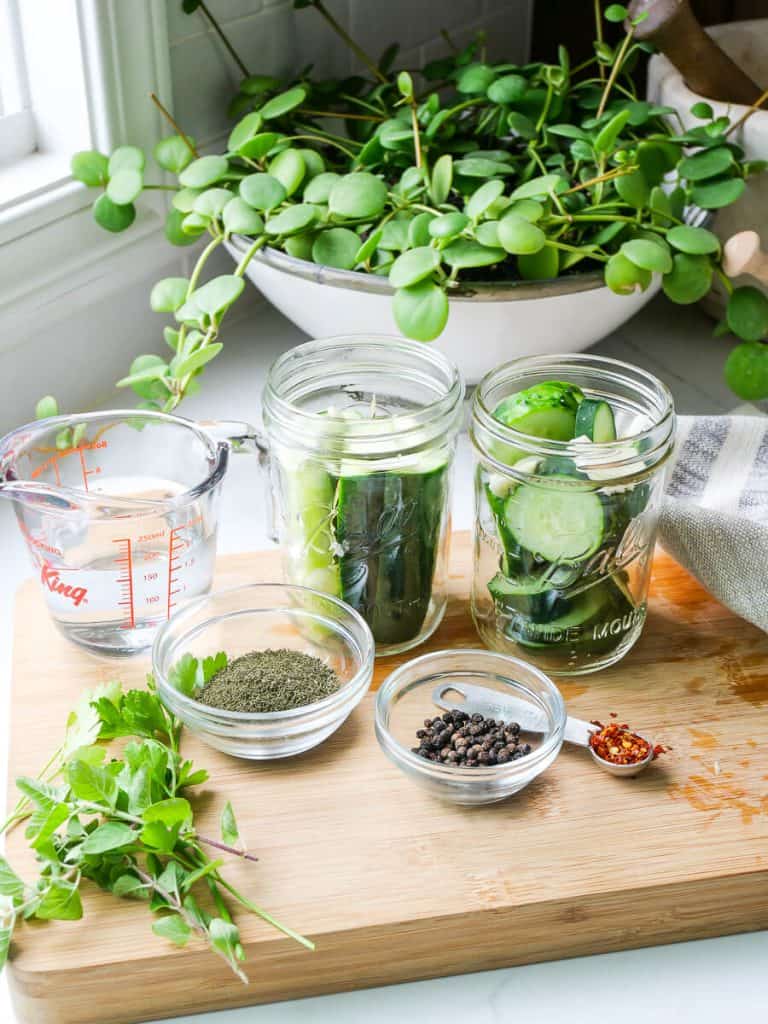 Making homemade dill pickles.