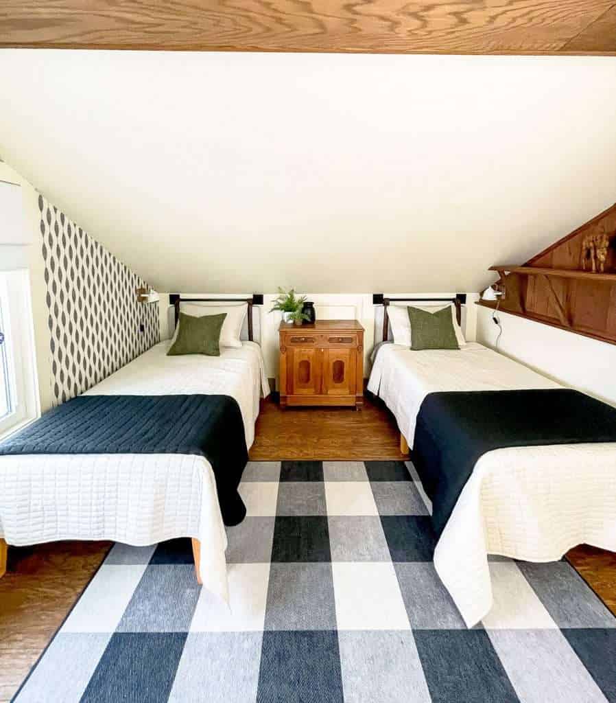 Twin beds in a loft.