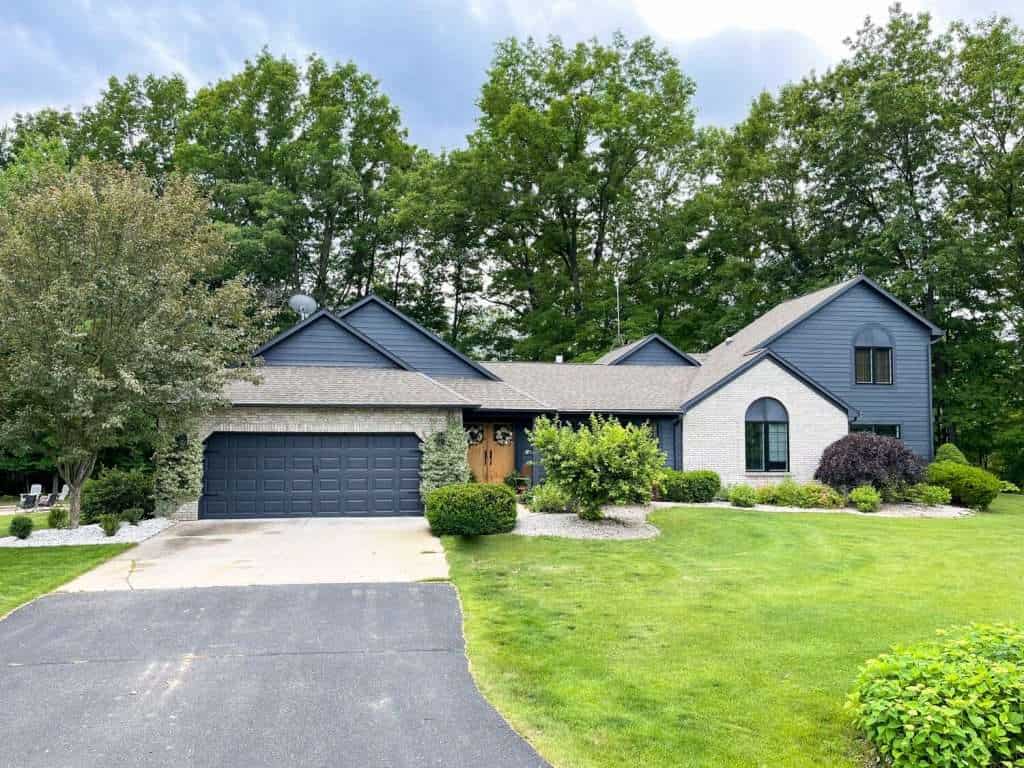 Front elevation and front yard landscaping.