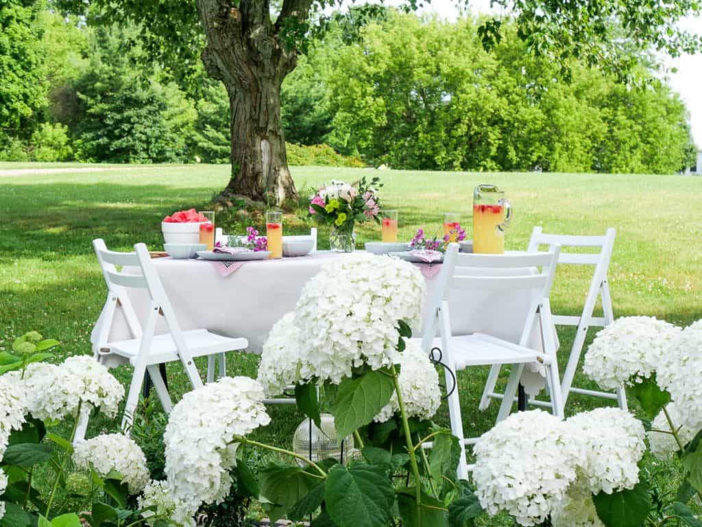 Folding chairs at an outdoor table.