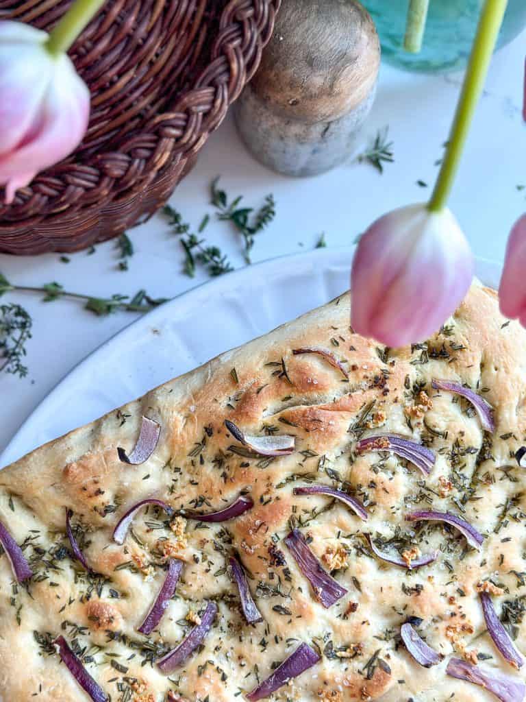 Herb sourdough discard focaccia up close.