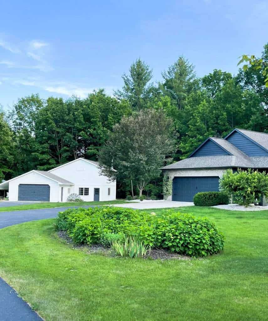 Black exterior with a white exterior barn.