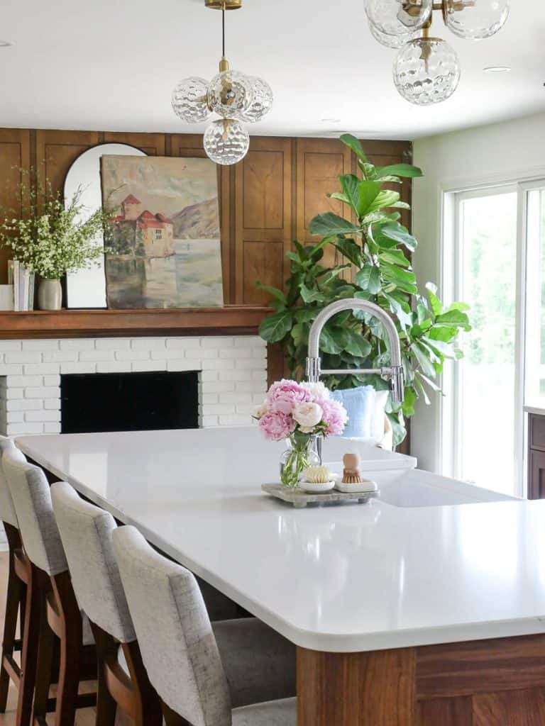 Brick fireplace in a kitchen.