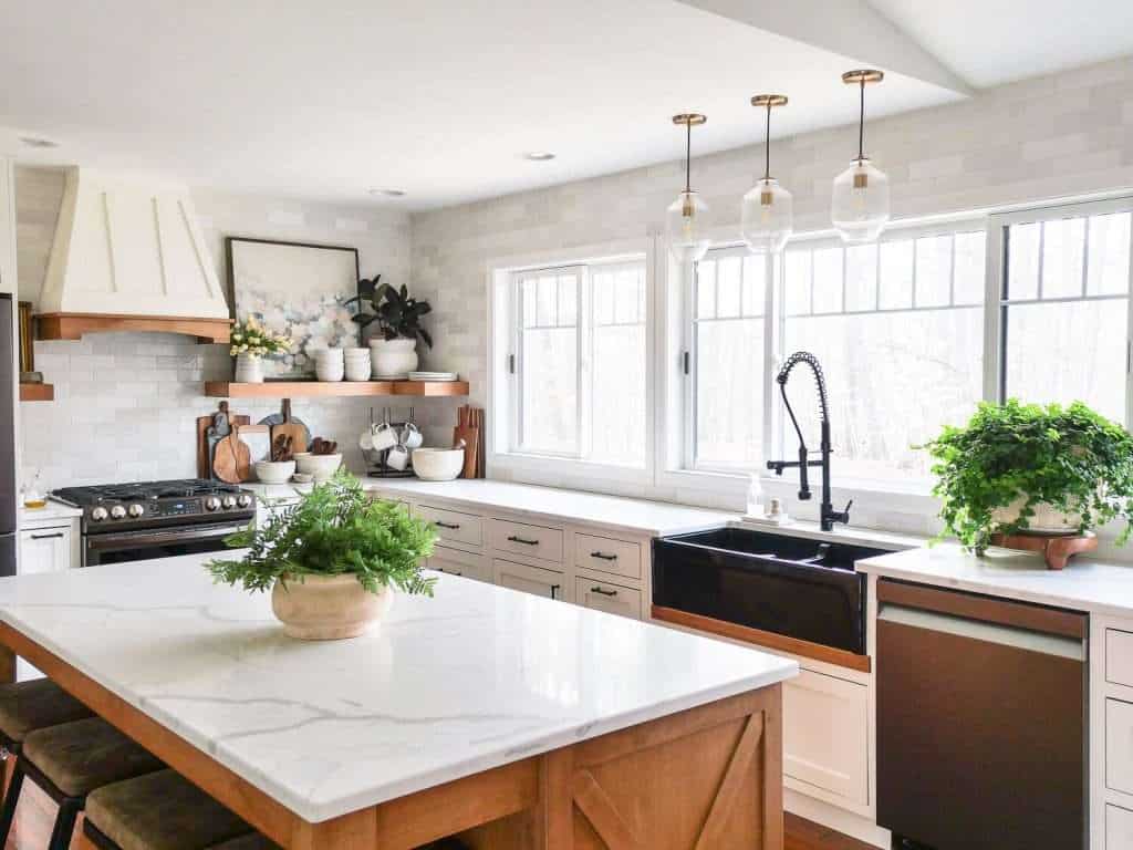 Kitchen island with plants.