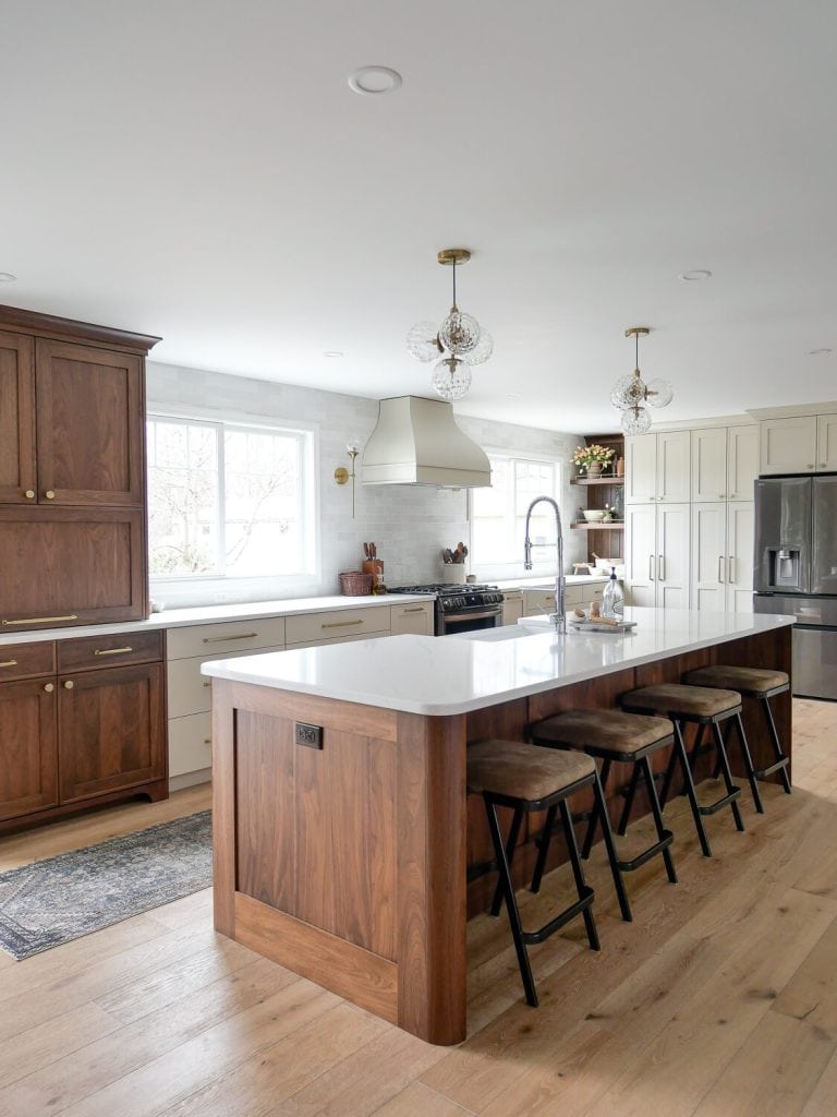 Large kitchen with walnut island.