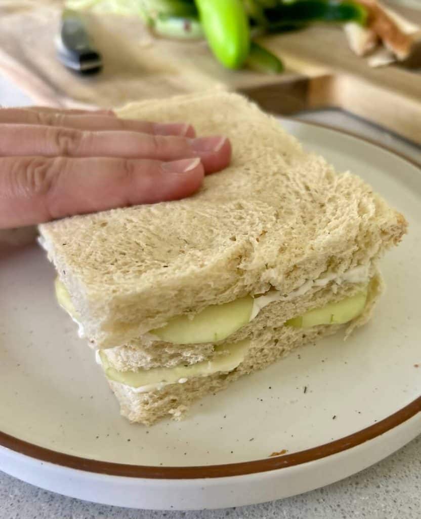 Layered vegan cucumber sandwich.