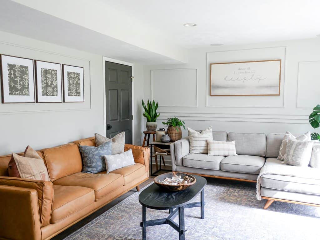 Basement family room with two sofas.