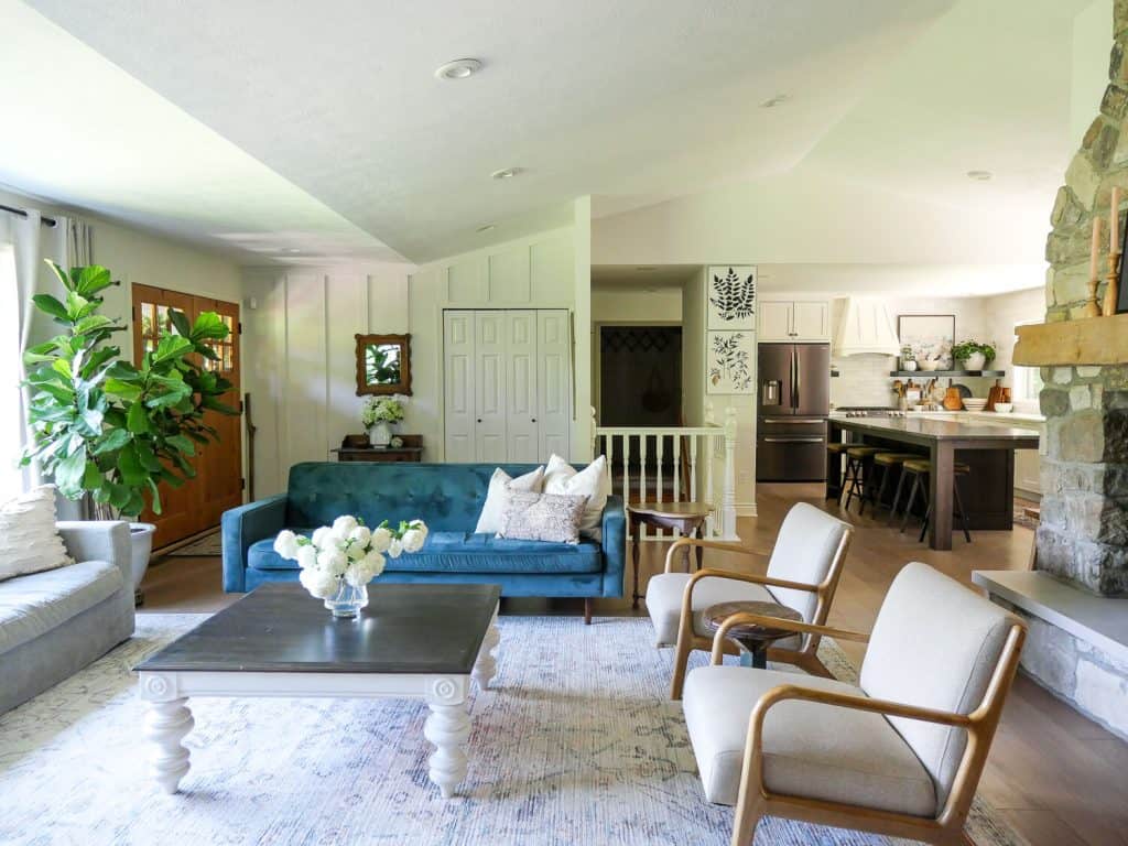 Organic modern living room with velvet sofa.