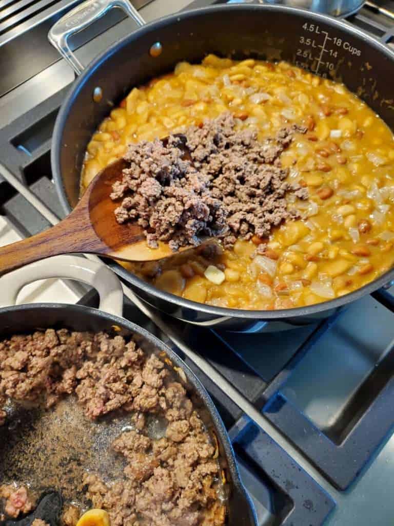 Organic grass fed beef in a skillet.