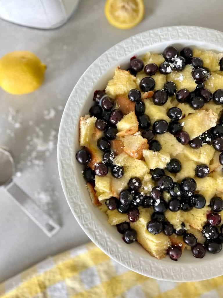 Overnight Sourdough French Toast Bake with Blueberries and Lemon Glaze