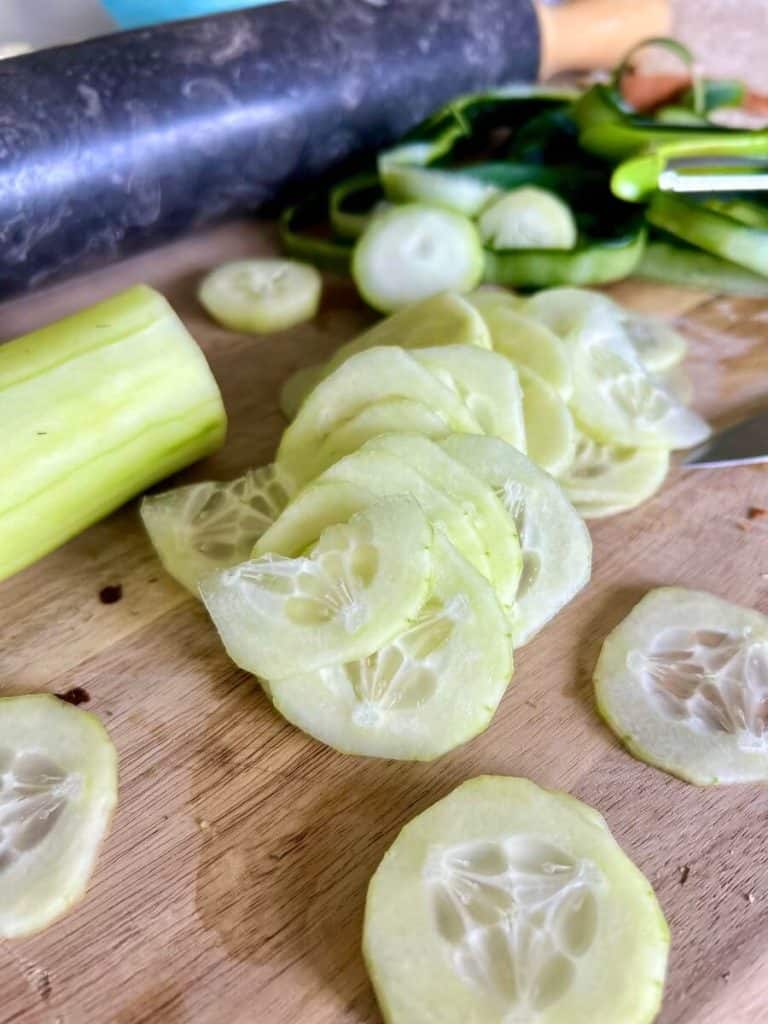 Sliced cucumber.