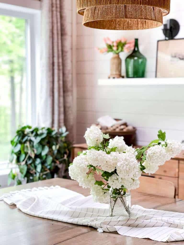 Snowball bush in a dining room.