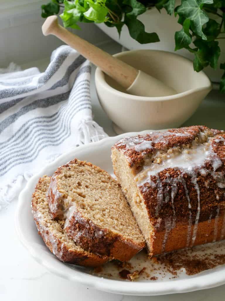 Sliced cinnamon bread on a plate.