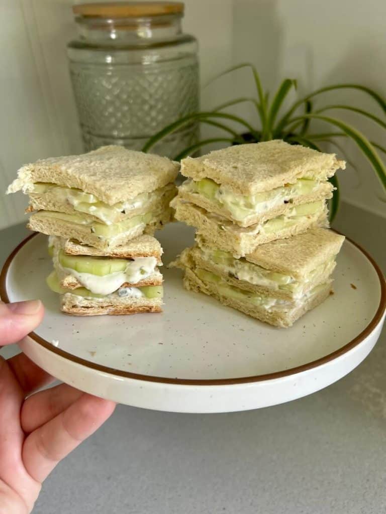 Pile of vegan cucumber sandwiches