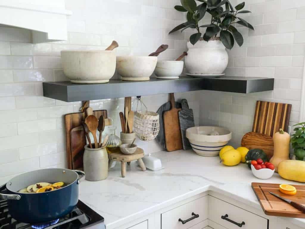 Kitchen with floating shelves.